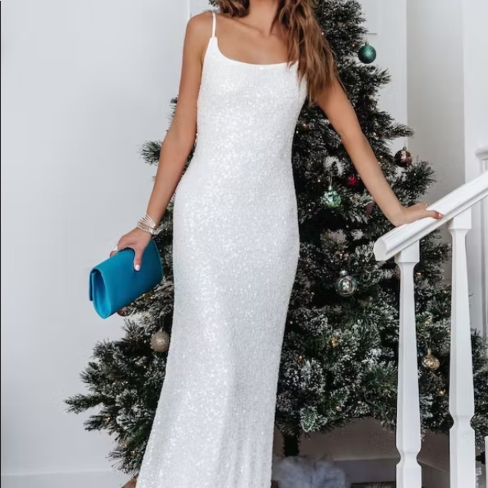White sequin spaghetti strap gown maxi